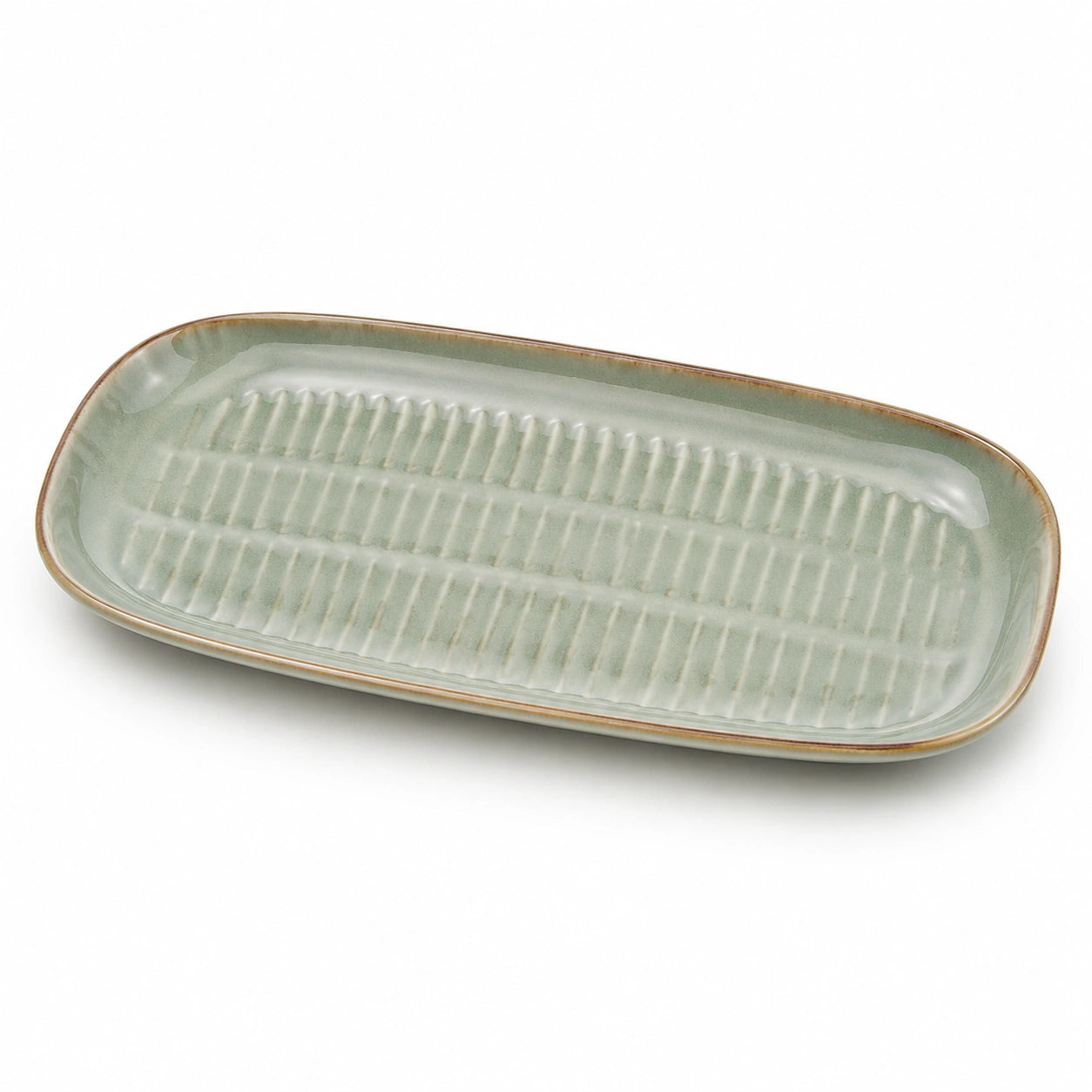 Plat de service rectangulaire 35×18 cm en céramique vert pâle strié