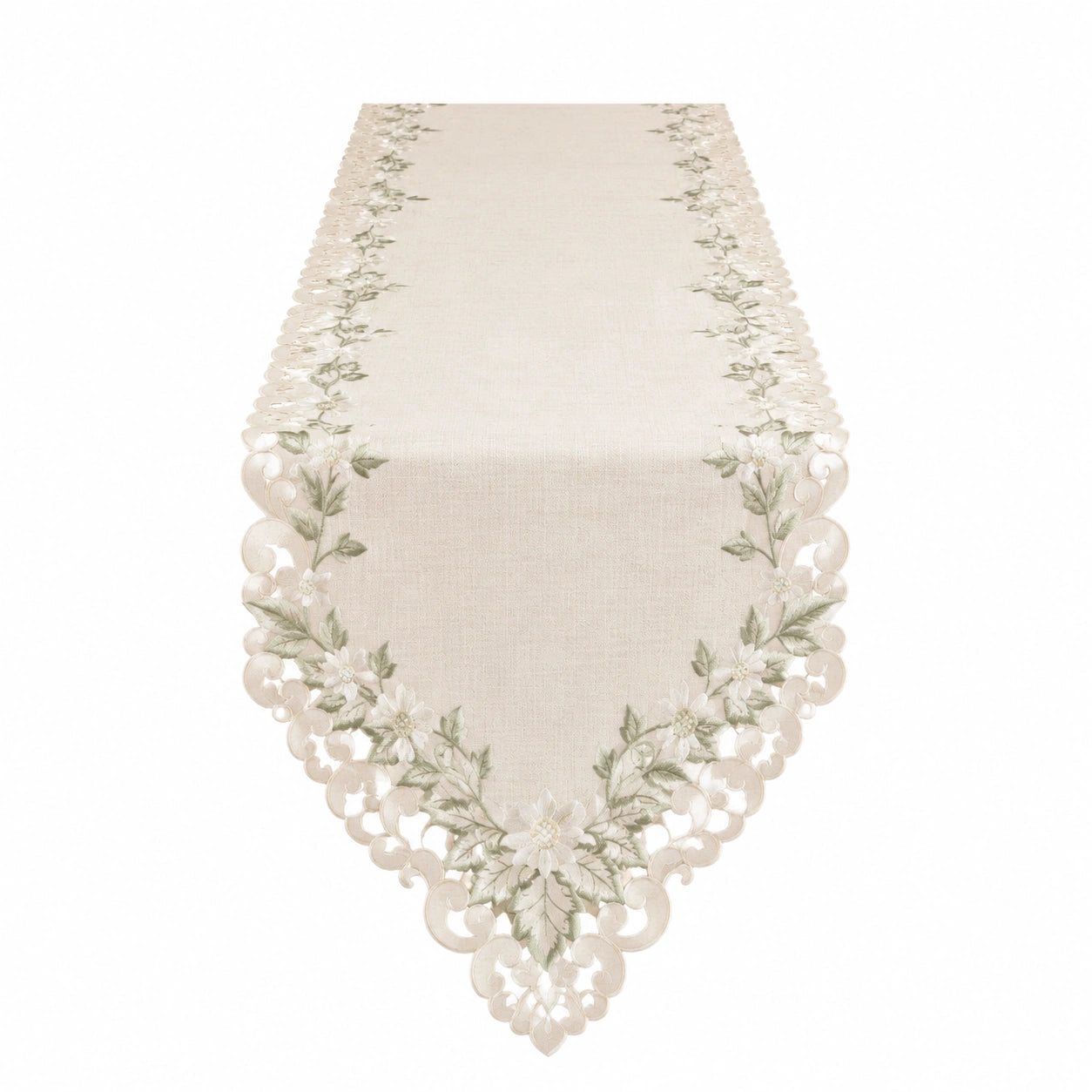 Chemin de table 180 x 40 cm textile beige vert brodé style floral