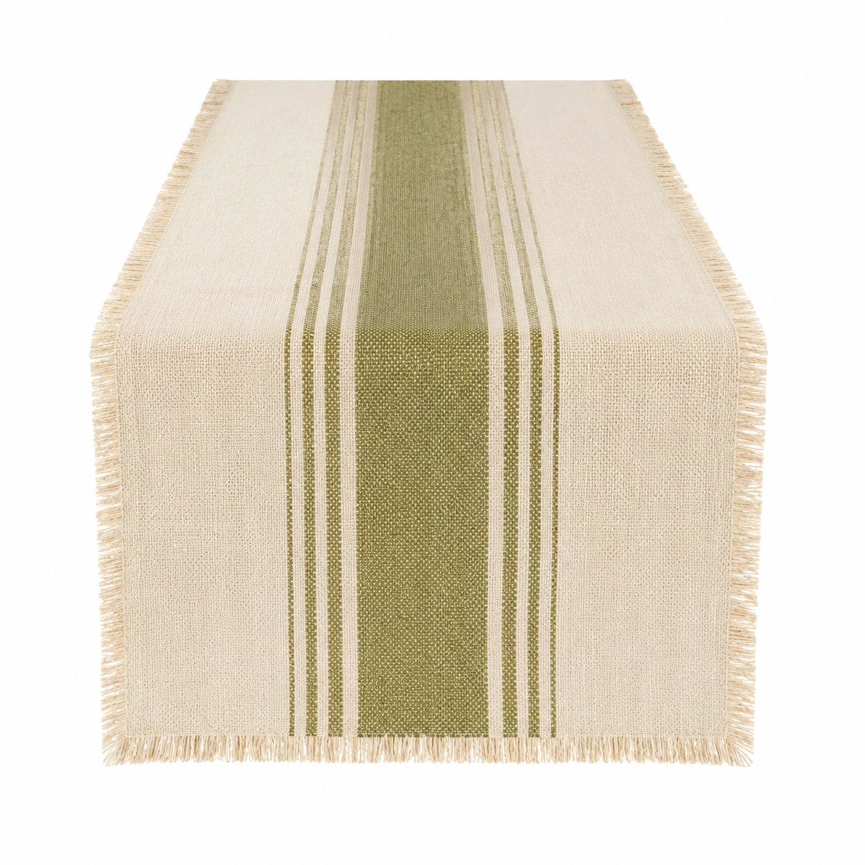 Chemin de table 40 x 180 cm tissé beige vert à franges style naturel