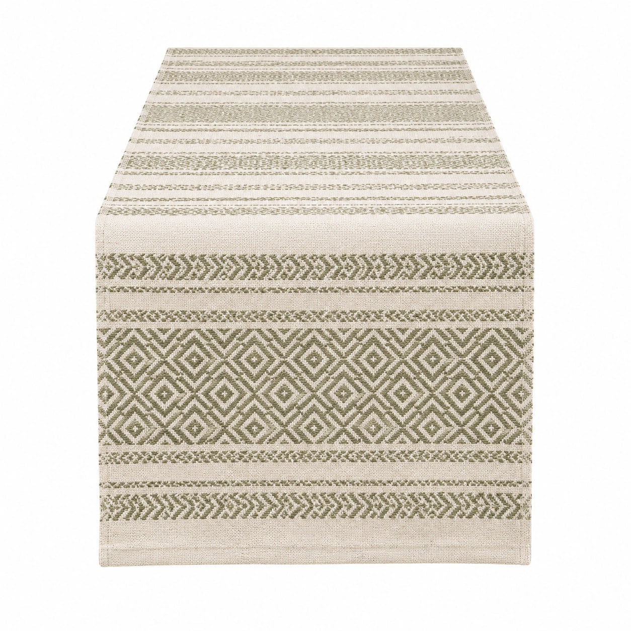 Chemin de table 180 x 33 cm en tissu beige et vert motif géométrique tissé
