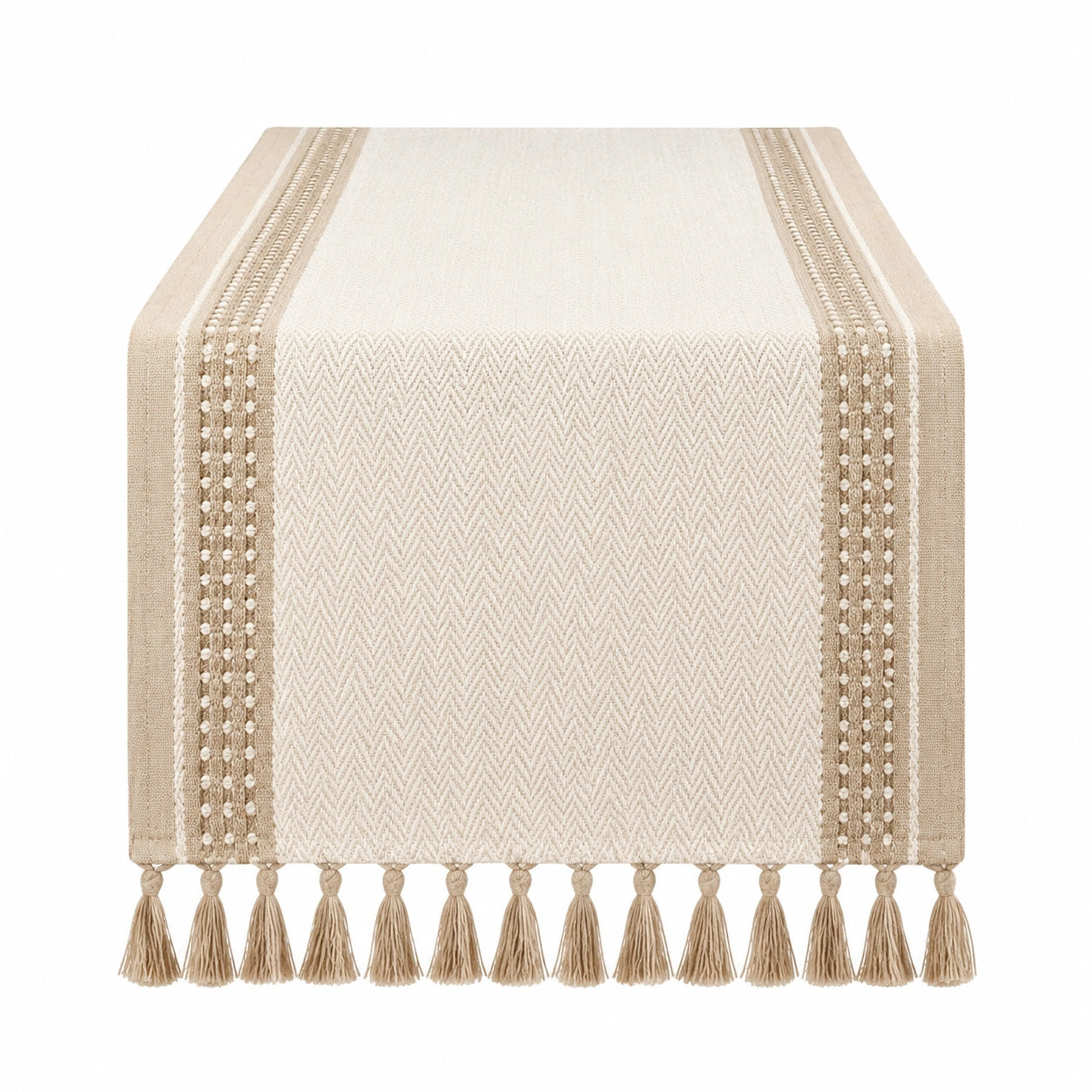 Chemin de table 180 x 33 cm en tissu beige écru à franges style bohème