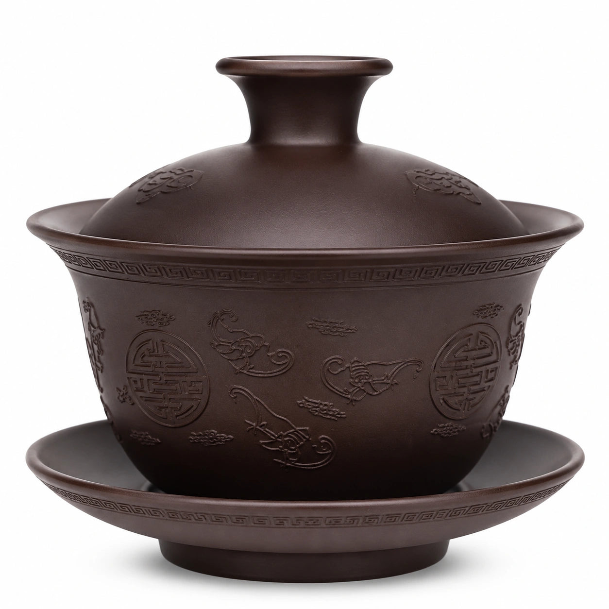 Gaiwan en céramique brun foncé 180 ml avec soucoupe décor en relief