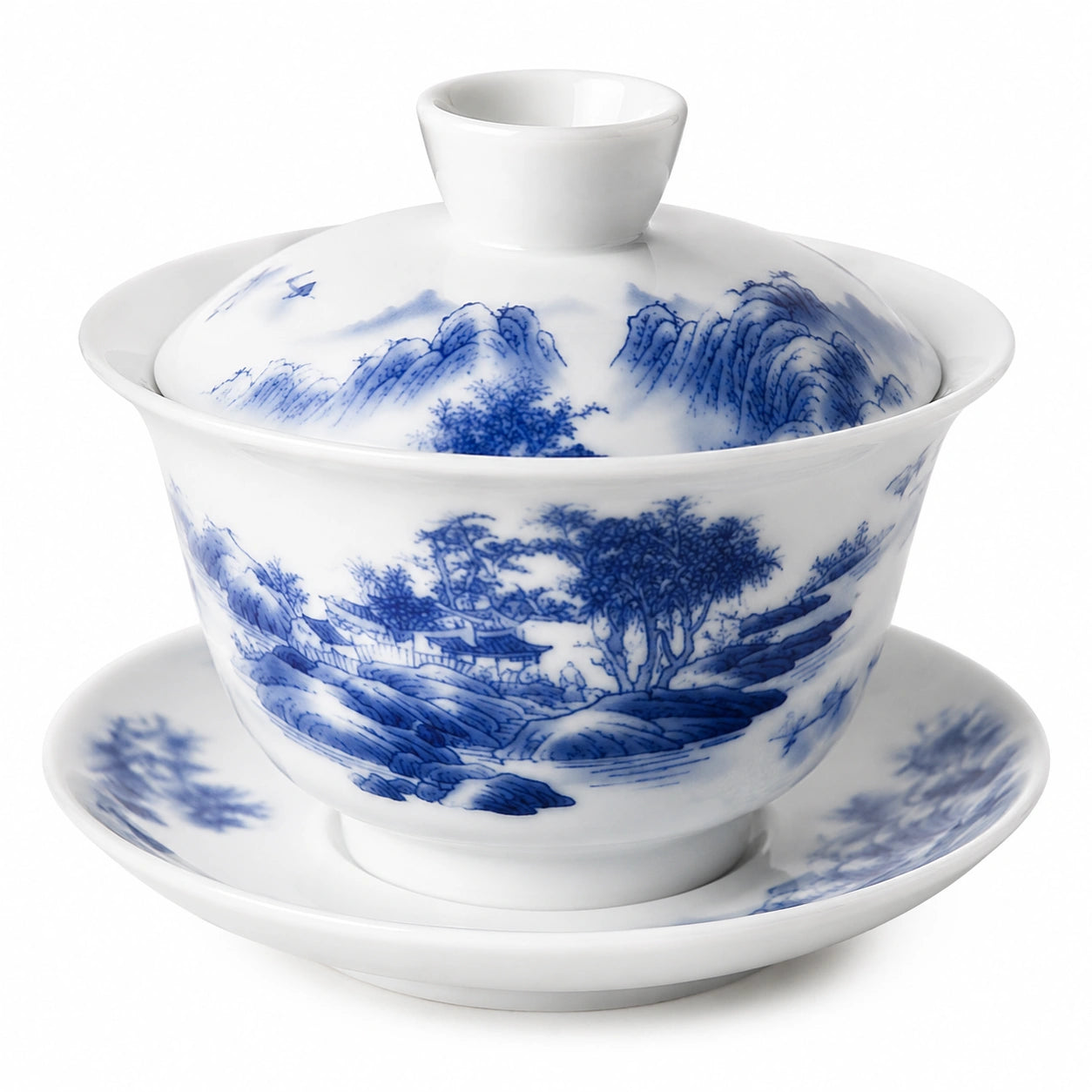 Gaiwan 150 ml en porcelaine blanc et bleu à décor paysage pour thé