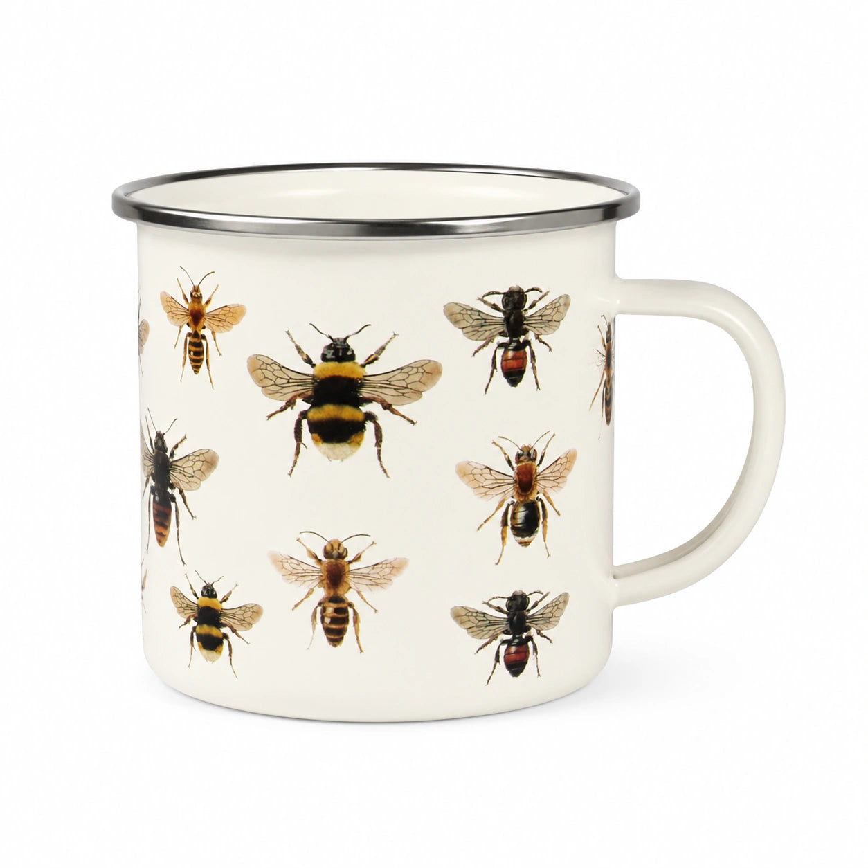 Mug émaillé 350 ml diamètre 8.5 cm blanc motif abeilles avec bord métallique