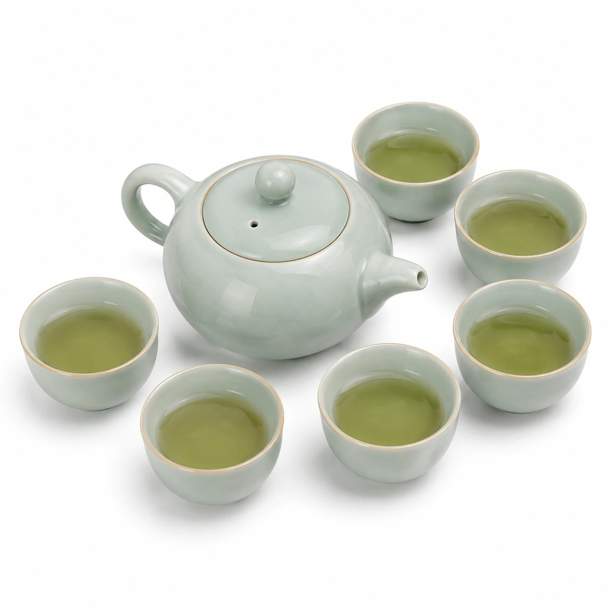 Service à thé 7 pièces en céramique vert céladon avec théière et 6 tasses