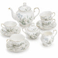Service à thé 9 pièces en porcelaine blanc vert et doré pour 3 personnes style floral