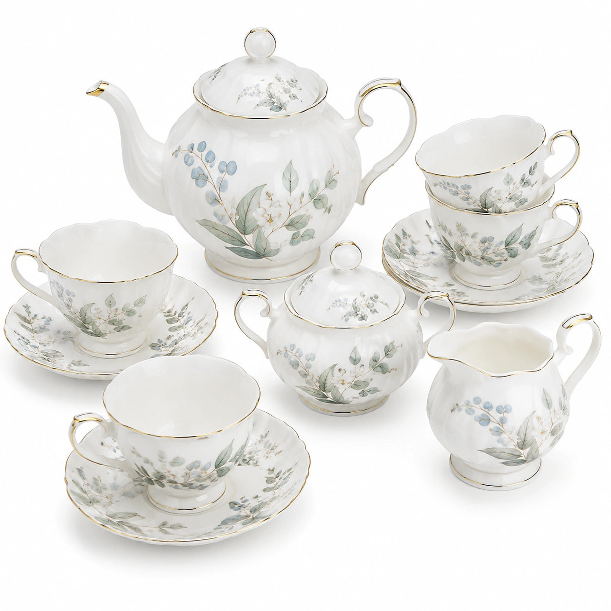 Service à thé 9 pièces en porcelaine blanc vert et doré pour 3 personnes style floral