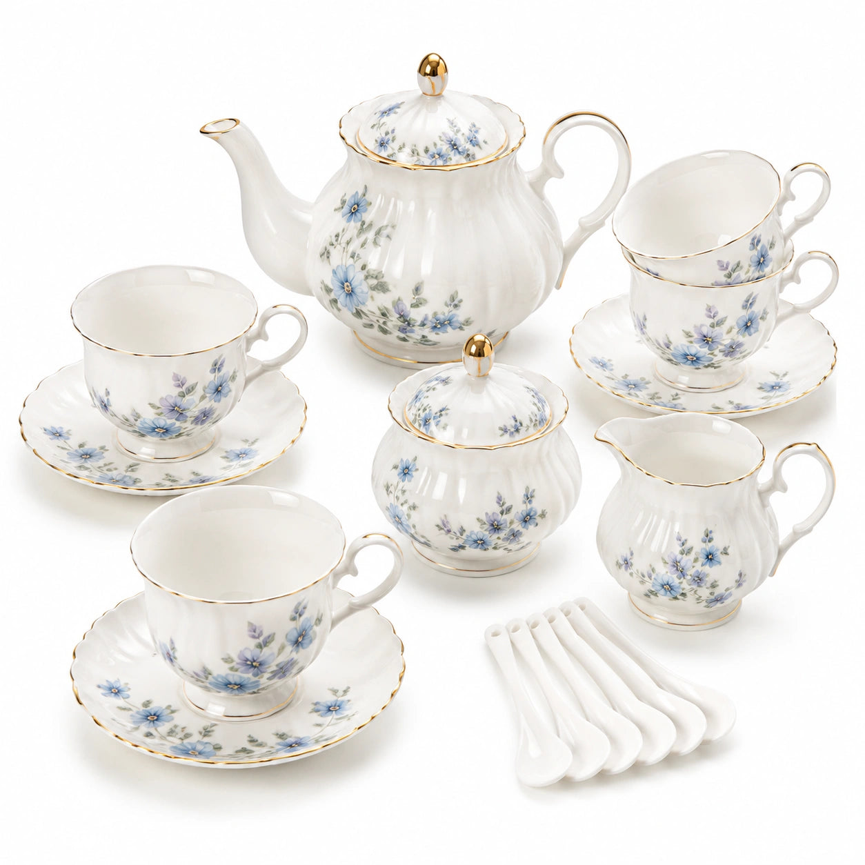 Service à thé 3 personnes 25 cm en porcelaine blanche à fleurs bleues style classique
