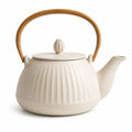 Théière 1000 ml en céramique beige avec anse en bois style nervuré