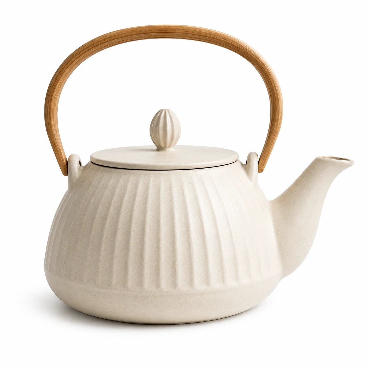 Théière 1000 ml en céramique beige avec anse en bois style nervuré